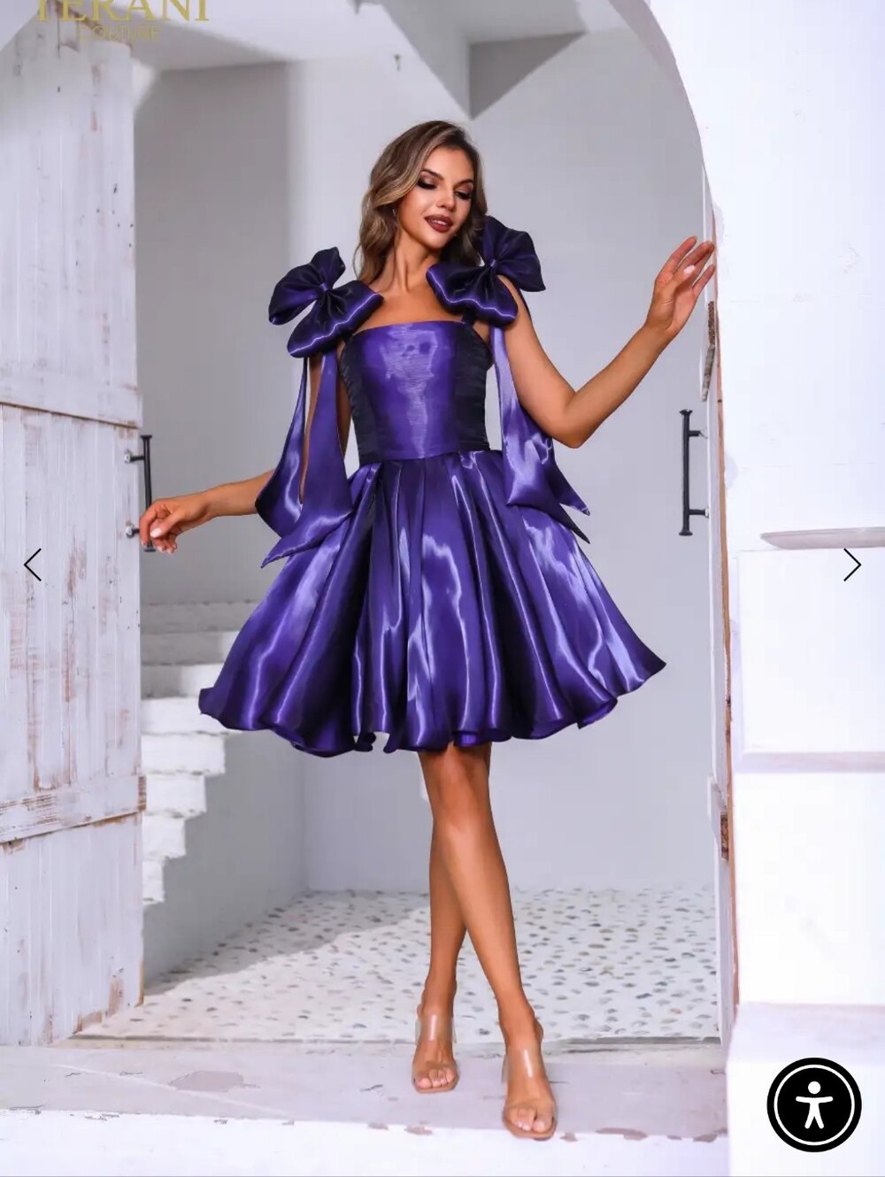Purple Satin Fit-and-Flare Mini Dress with Bow Shoulders